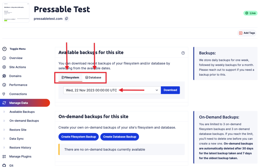 Pressable Backup Management